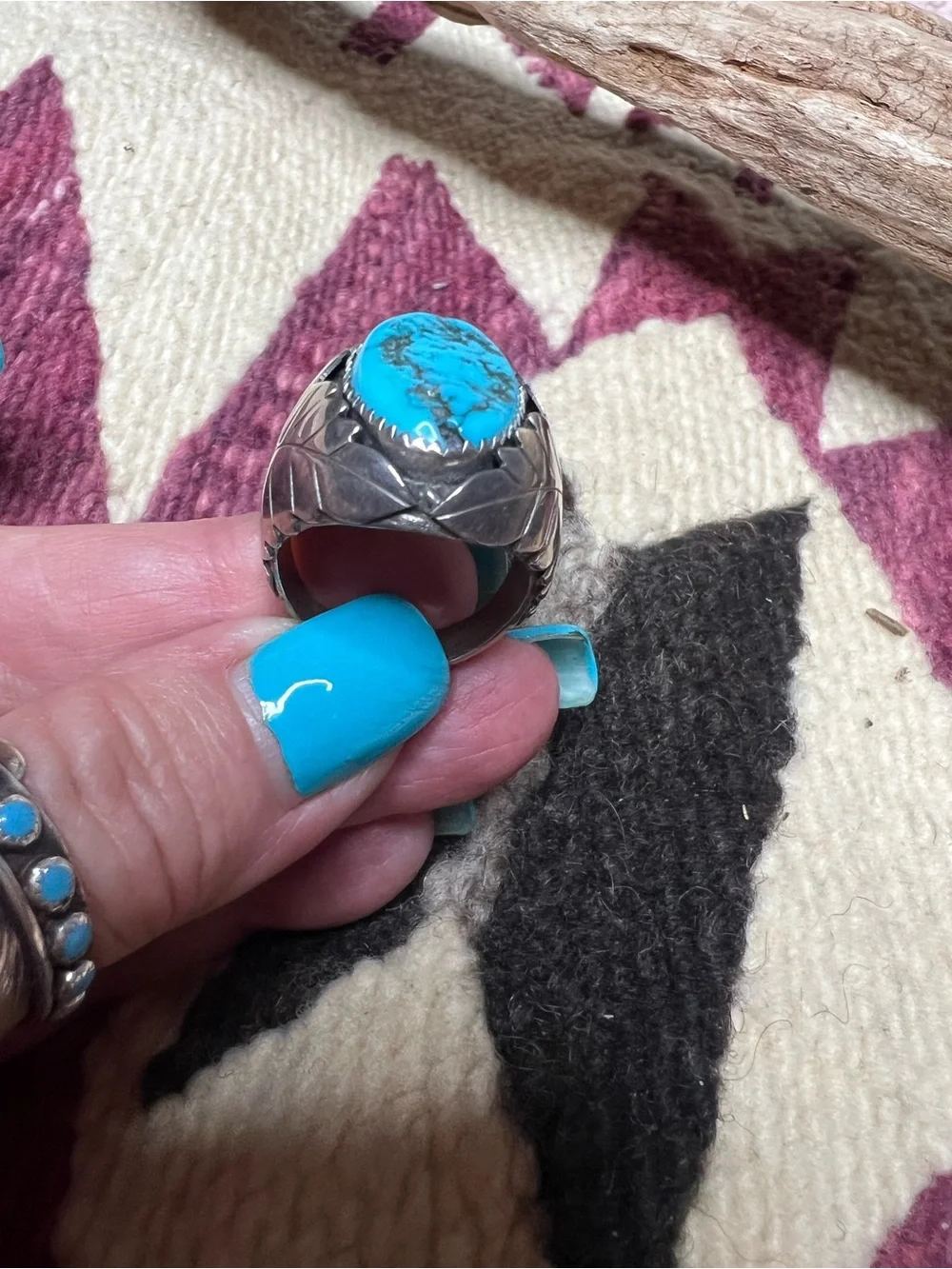 VTG Navajo Sterling Silver Turquoise Leaf Ring 10.5 Signed CY 25g